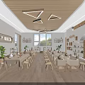 Bright Modern Kindergarten Interior With Wooden Ceiling Geometric Pendant Lights Tables Chairs And Large Windows