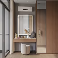 Modern Dressing Table With Mirror Cosmetics Vase White Stool And Wooden Cabinets