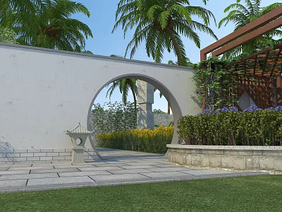Garden Landscape Design With Arched Gate Palm Trees Stone Bench And Green Plants 3d model