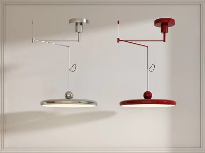 Modern Silver And Red Pendant Lights With Metal Arm And Circular Illuminated Shade 3d model