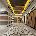Modern Showroom Corridor With Geometric Pattern Floor And Material Sample Displays 3d model