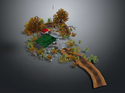 Autumn Outdoor Landscape Design With Colorful Trees Green Lawn Small Red Cabin And Winding Pathway 3d model