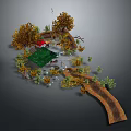 Autumn Outdoor Landscape Design With Colorful Trees Green Lawn Small Red Cabin And Winding Pathway