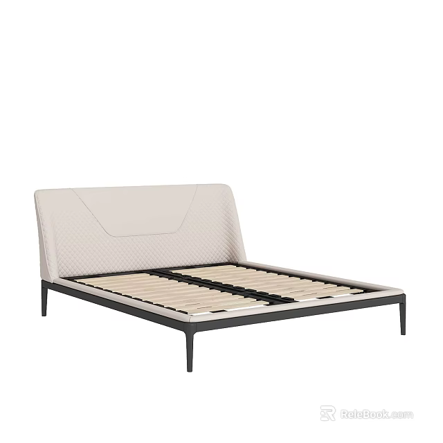 Modern Minimalist Double Bed With Upholstered Light Headboard And Black Metal Frame Wooden Slats 3d model 