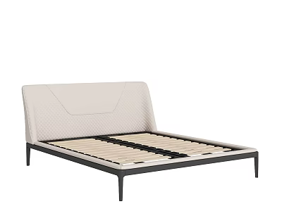 Modern Minimalist Double Bed With Upholstered Light Headboard And Black Metal Frame Wooden Slats 3d model
