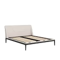 Modern Minimalist Double Bed With Upholstered Light Headboard And Black Metal Frame Wooden Slats
