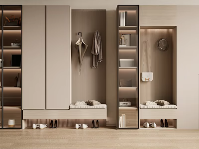 Modern Shoe Cabinet Interior Design With Coat Hooks Bench And Storage Spaces 3d model