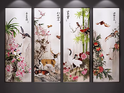 Chinese Decorative Wall Art With Cranes Bamboo Plum Blossoms Birds And Calligraphy 3d model