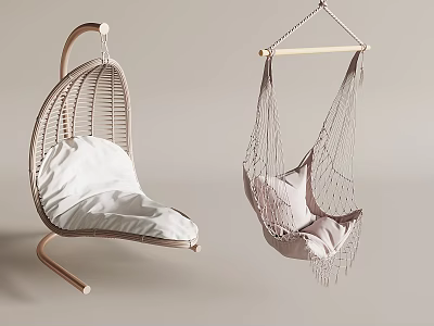 Modern Rattan and Macramé Hanging Chairs with Soft White Cushions Design 3d model