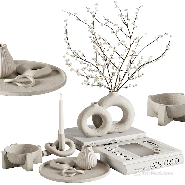 Minimalist White Decorative Ornament Set with Vase White Flower Twigs Tray Circular Ornaments and Candle 3d model 