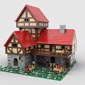 Two Story Medieval Building Blocks House with Red Roof and Courtyard Figures