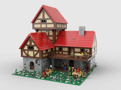 Two Story Medieval Building Blocks House with Red Roof and Courtyard Figures 3d model