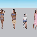 Four Women In White Studio With Blue Bikini Pink Dress Sitting Figure And Hat Documents 3d model