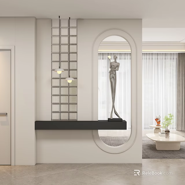 Stylish Entryway Hallway Interior with Oval Mirror Glass Brick Wall Black Console Table and Sculpture 3d model 