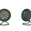 Two Gray Air Conditioning Fans With Circular Design And Metal Stands
