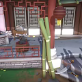 Cartoon Chinese Architectural Scene With Pavilion Tile Roof Bamboo Stone Steps And Windows