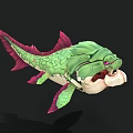 Green Aquatic Creature with Pink Fins and White Object in Mouth Unique Scales Design