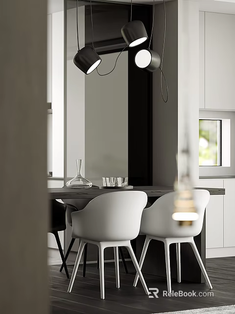 Modern Dining Table Set In Open Concept Kitchen With White Chairs And Pendant Lights 3d model