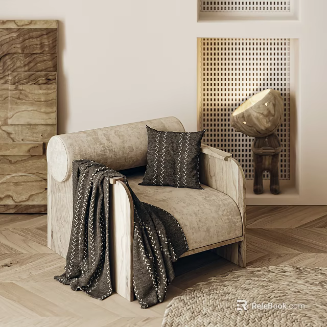 Light Colored Single Sofa with Pillow and Throw Blanket Against Wooden Wall and Herringbone Floor 3d model 