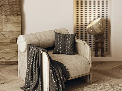 Light Colored Single Sofa with Pillow and Throw Blanket Against Wooden Wall and Herringbone Floor 3d model