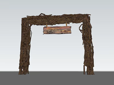 Twig Woven Entrance Gate with Hanging Wooden Sign Rustic Natural Design 3d model