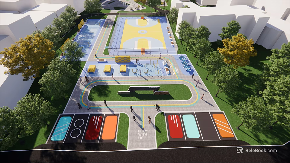 Park Landscape Featuring Basketball Court Green Lawns Trees People Walking And Colorful Paved Areas 3d model 