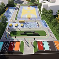 Park Landscape Featuring Basketball Court Green Lawns Trees People Walking And Colorful Paved Areas