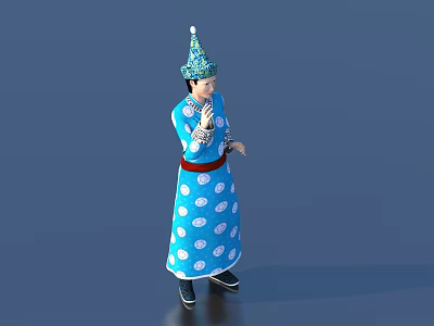 A Woman in Traditional Blue Dress with White Cloud Patterns and Decorative Hat 3d model