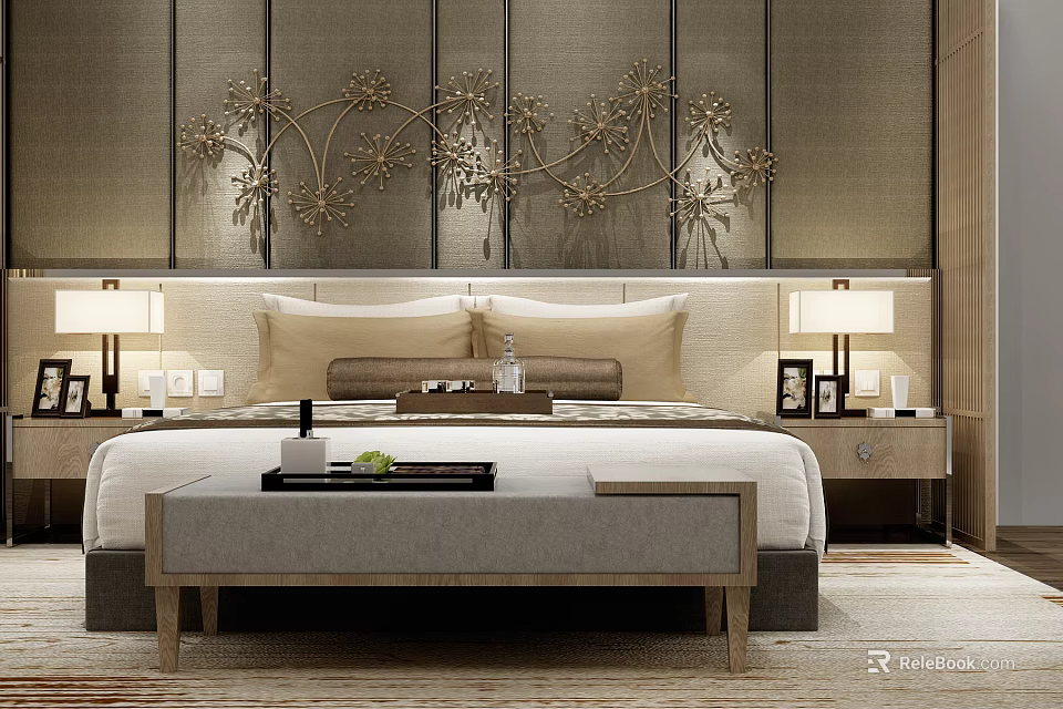 Elegant Bedroom Interior With Background Bed Decorative Branch Wall Art Bedside Tables And Table Lamps 3d model 