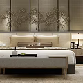 New Chinese background double bed double bedside background bedside table combination 3d model