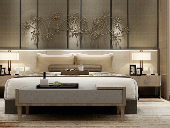 New Chinese background double bed double bedside background bedside table combination 3d model