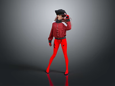 Game Movie Character In Red Jacket Black Hat And Red Leggings Standing Pose 3d model