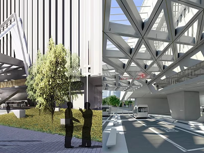 Modern Architectural Structure With Geometric Glass Frames Pedestrians And Vehicles 3d model