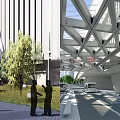 Modern Architectural Structure With Geometric Glass Frames Pedestrians And Vehicles