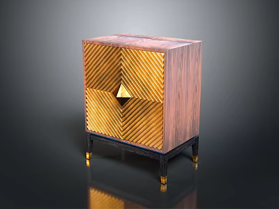 Wooden Side Table With Gold Striped Design And Triangular Accent Black Legs Gold Feet 3d model