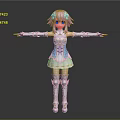 Anime Character Pink Hair Purple Eyes Blue White Dress White Gold Accents Standing Arms Outstretched