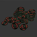 Stacked Coins with Red and Black Design and Symbol on Dark Background