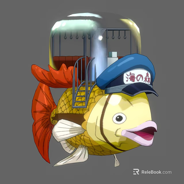 Cartoon Game Movie Character Yellow Fish Wearing Blue Cap Red Tail Transparent Dome Staircase 3d model 