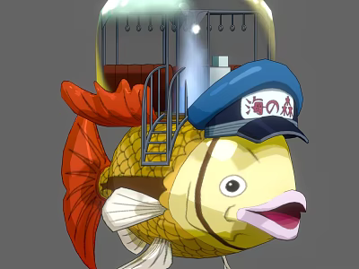 Cartoon Game Movie Character Yellow Fish Wearing Blue Cap Red Tail Transparent Dome Staircase 3d model