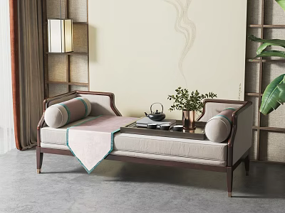 Modern Chinese Chaise Lounge with Cushions Blanket Tea Table Lamp And Green Plants 3d model