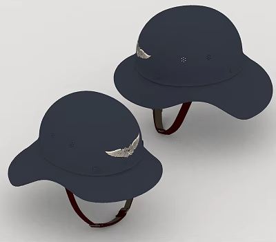 Two Dark Blue Hats With Silver Wing Decorations And Red Straps 3d model