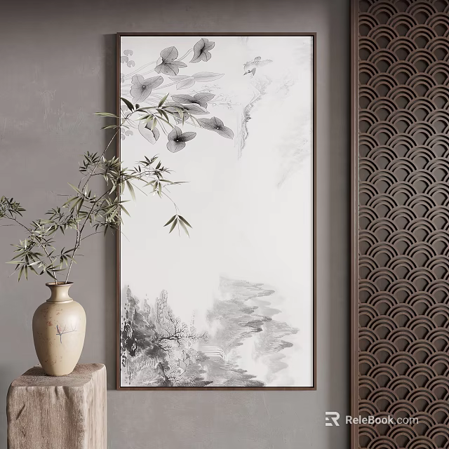 Chinese Ink Landscape Painting With Bamboo Vase And Screen 3d model 