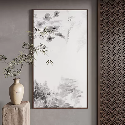 Chinese Ink Landscape Painting With Bamboo Vase And Screen 3d model