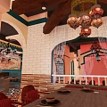 Decorative Modern Restaurant Interior With Green Pillars Pink Curtains And Colorful Patterned Floor Tiles