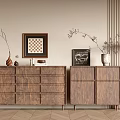 Wooden Console and Side Cabinet in Modern Entryway with Decorative Painting Vase and Floor Lamp