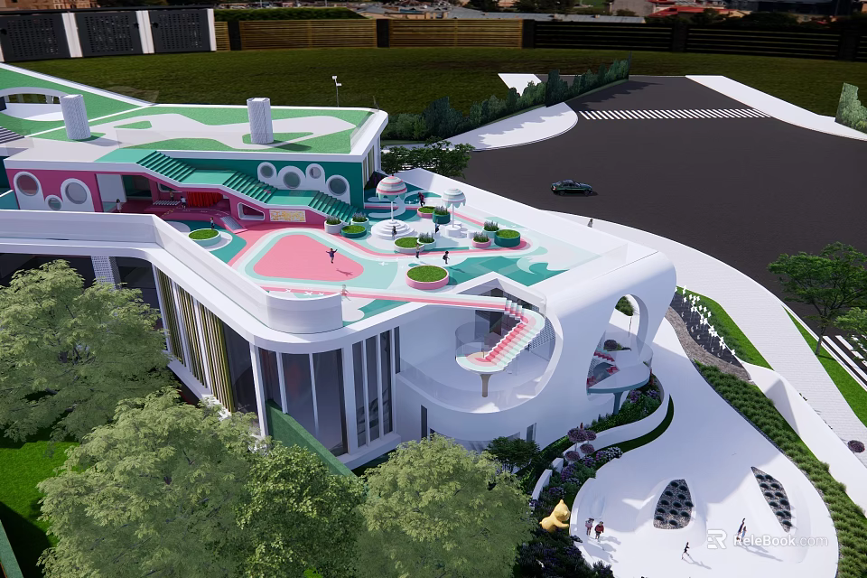 Modern Kindergarten Building With Colorful Roof Green Lawn And Play Facilities 3d model 