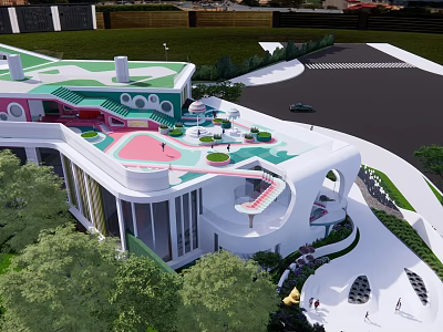 Modern Kindergarten Building With Colorful Roof Green Lawn And Play Facilities 3d model