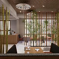 Japanese Style Restaurant Interior Featuring Bamboo Decor Wooden Ceiling And Dining Tables