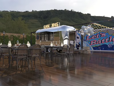 Outdoor Café with Silver Trailer Wooden Floor Tables Chairs Mountain View and Green Plants 3d model