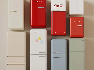 Colorful Vintage Refrigerators Featuring Various Brand Logos And Designs 3d model